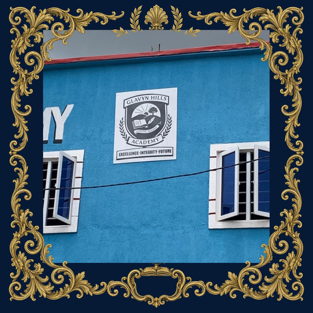 Glavyn Hills Academy crest on the school building, framed in classical gold ornament
